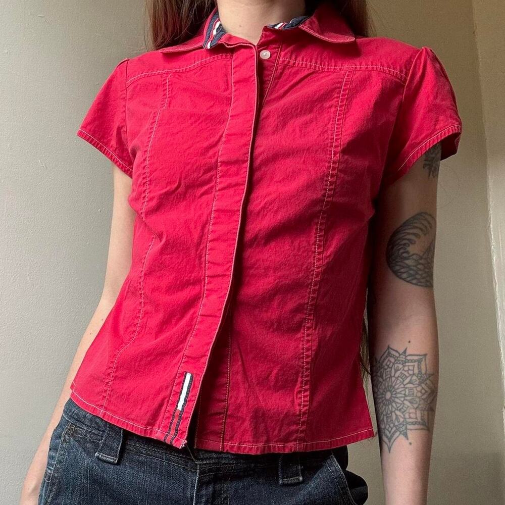 Vintage Tommy Jeans Red Short Sleeve Button Up Shirt Small 90s Y2K Cotton Preppy